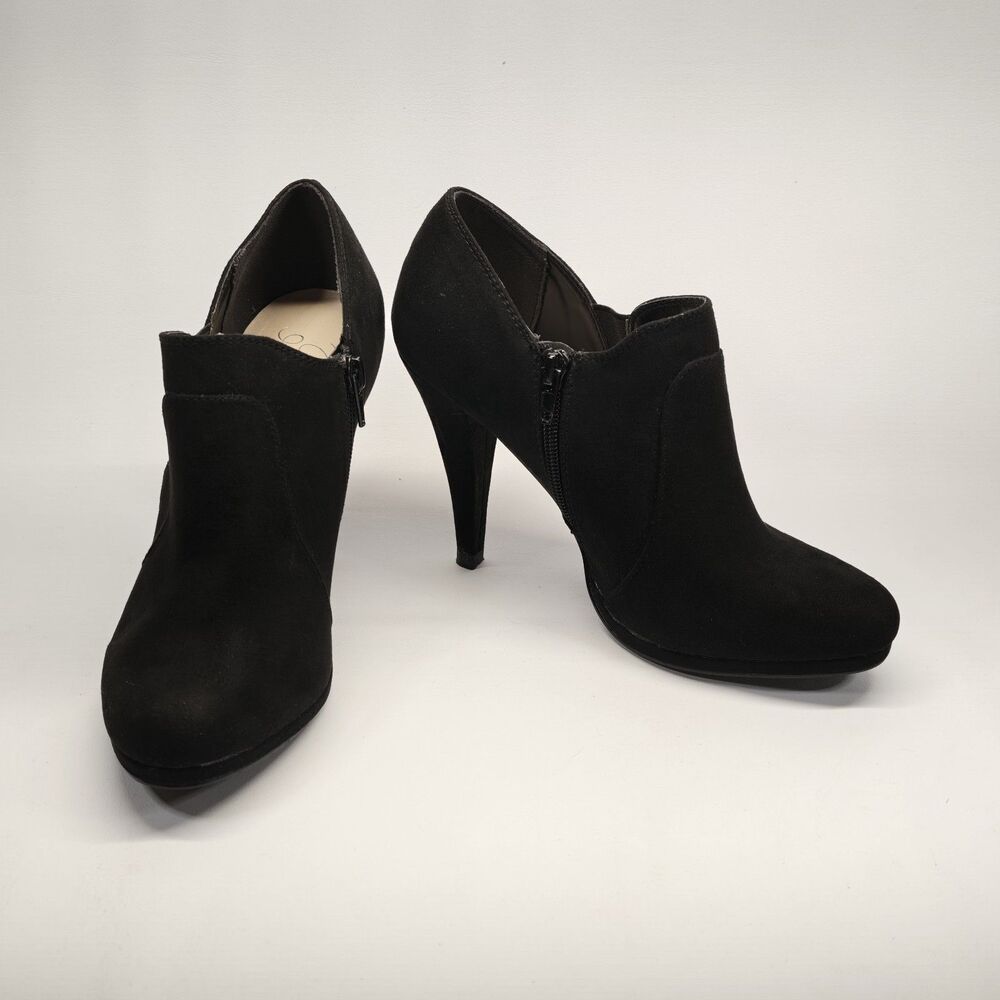 Fergie Cacey Womens 7.5M Black Fabric Stiletto Heel Ankle Booties Side Zip Shoes